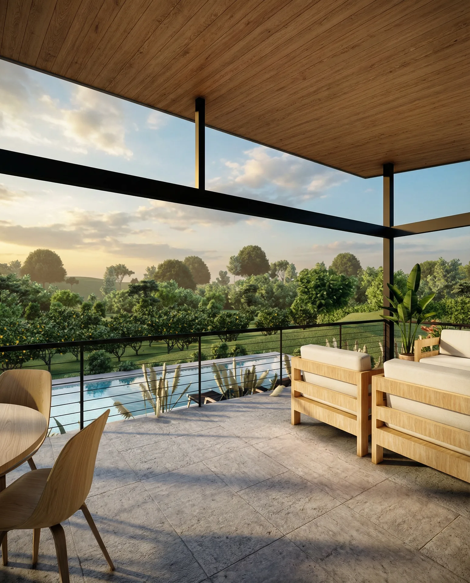 Terraza exterior con vista serena al campo